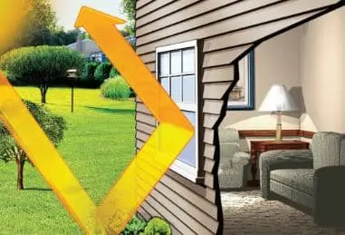 Illustration of drafty windows causing indoor heat gain and energy loss during summer months in a home.