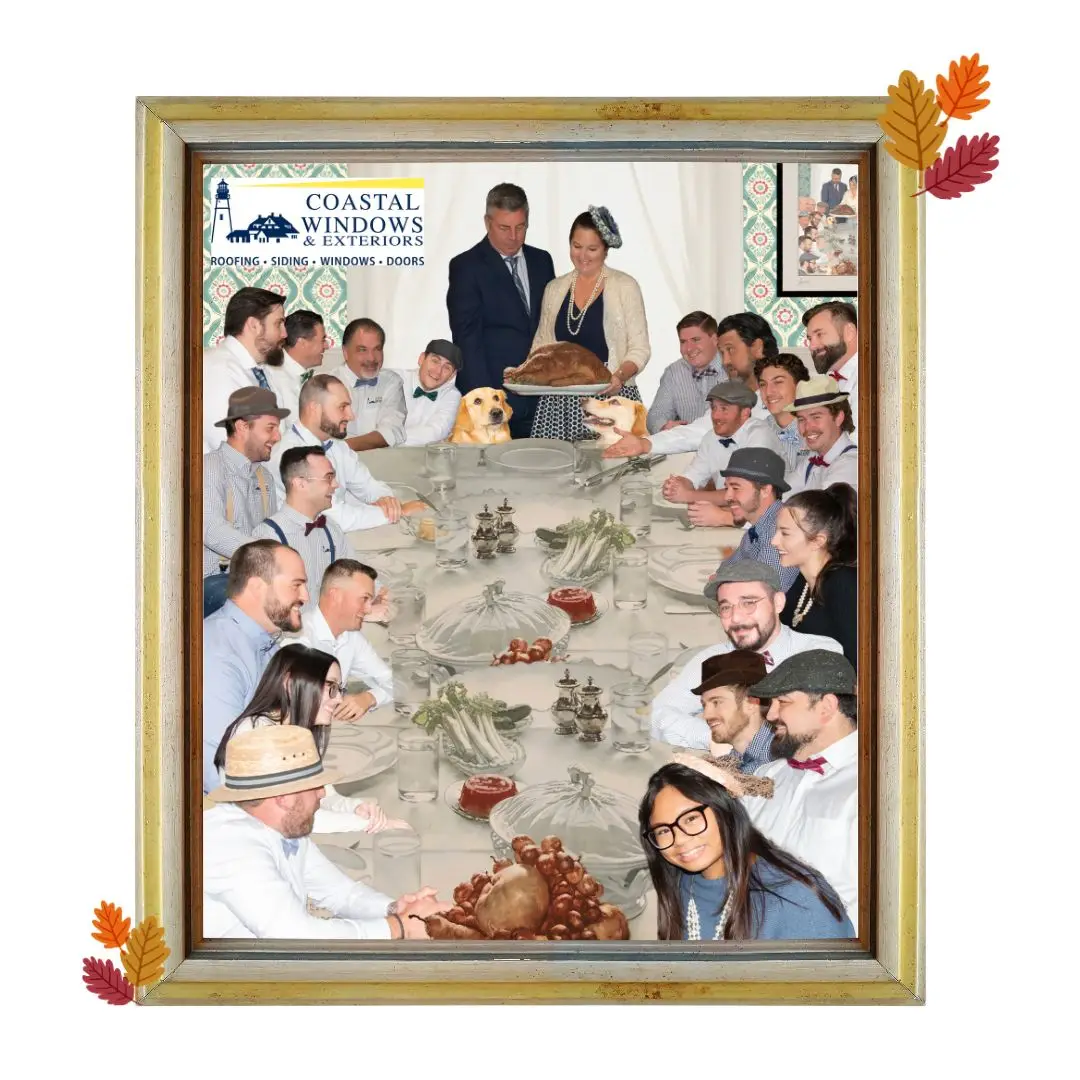 A framed image showcases “Freedom from Want,” depicting people in early 20th-century attire around a Thanksgiving table. At the center, a couple holds a large turkey, symbolizing abundant generosity. Decorative autumn leaves and turkey donation highlight the festive spirit.