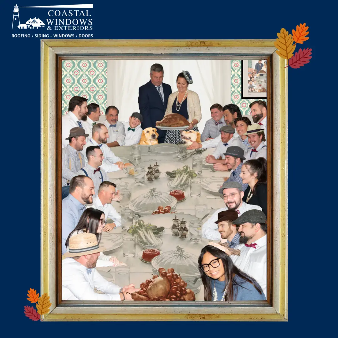 A large group in white shirts sits around a festively decorated table with Thanksgiving dishes. A woman and man stand at the head, presenting a turkey. Showcases “Freedom from Want” with Turkey Donation, framed by a golden border and two dogs at the table.