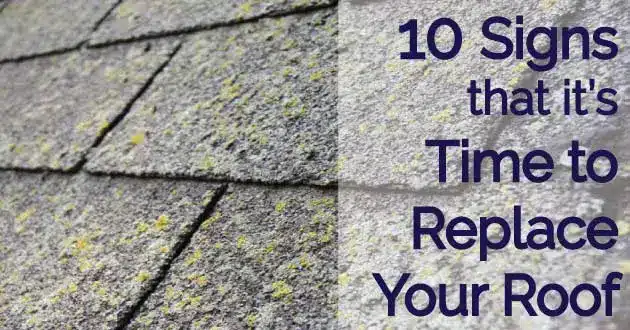 Close-up of weathered asphalt shingles with patches of moss or lichen. Text reads: 10 Roofing Signs That Its Time to Replace Your Roof in large, bold letters on the right side.