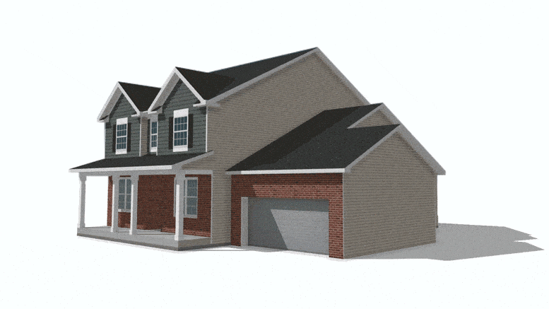 An animated illustration of a two-story house rotating 360 degrees. The house features a combination of brick and siding exterior, a covered porch, and an attached garage with a closed door. The roof is dark-colored.