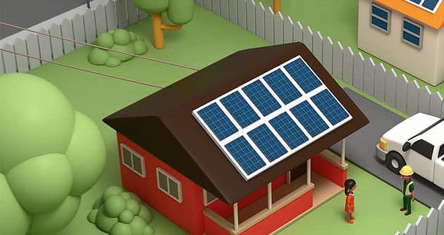 A small red house with solar panels on the roof shows what to expect when going solar. Surrounded by trees and a white fence, two people stand in the yard near a white vehicle. The scene is illustrated in a simple, cartoon-like style.