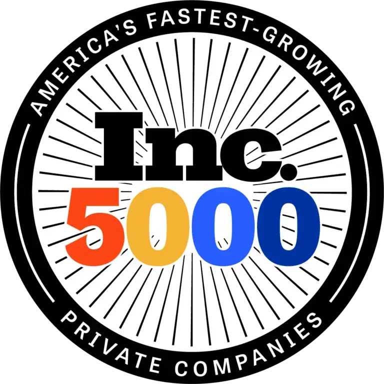 A circular badge with INC 5000 at the center in a red, yellow, and blue gradient, and Americas Fastest-Growing Private Companies around the edge—recognizing excellence in growth, customer service, and giving back.