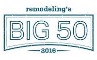 A blue and white logo with the text remodelings BIG 50 2016 inside a rectangular border, celebrating Coastal Windows & Exteriors’ Big50 Award achievement.