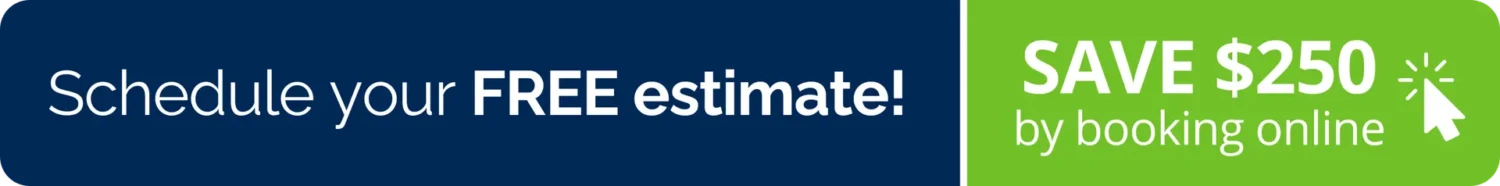 A banner with a dark blue background says Schedule your FREE estimate! in white text. To the right, a bright green background reads SAVE $250 by booking online, featuring a white mouse click icon. Explore our shingle colors to complete your perfect home update.