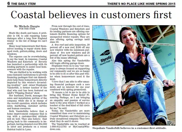 A Lynn Item newspaper article titled Coastal believes in Customers First features a photo of Stephanie Vanderbilt smiling and holding a sign in front of a Coastal Windows & Exteriors vehicle.
