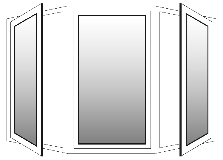 Illustration of a bay window with three sections. The middle section is a fixed window, and the two side sections are angled outward, resembling casement windows that can open. The window frames are white, creating a clean, modern look.