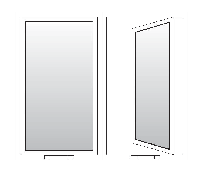 Illustration of a two-pane window, with one pane open inward. The left pane is closed, and the right pane is partially open, showing inner frames. The window has a rectangular shape with clean, simple lines.