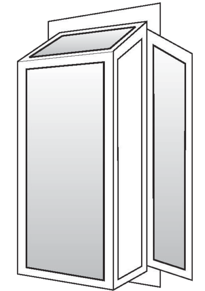 A black and white illustration of an open casement window. The window has three rectangular panes, one large central pane and two smaller side panes that are angled outward.