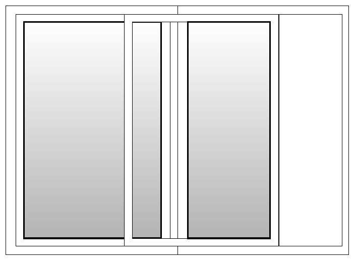 Illustration of a symmetrical window with three sections. The window features a thin vertical central panel flanked by two larger vertical panels on either side, each with a thick border.