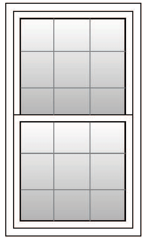 Illustration of a double-hung window with two sashes, each divided into nine panes by white grid lines, set against a white background.
