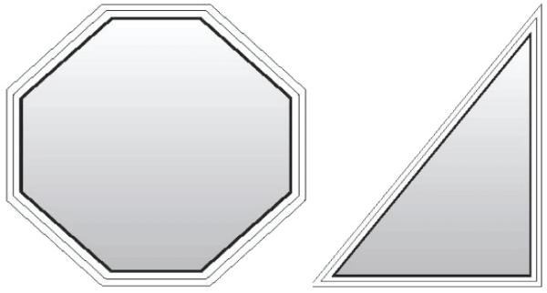 An octagonal mirror is on the left and a triangular mirror is on the right, both with beveled edges and set against a plain background.