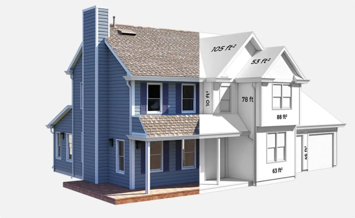 A two-story house partially shown in color and partially in architectural blueprint style. The colored side is blue with a chimney and porch, while the blueprint side displays measurements: 105 ft, 53 ft, 78 ft, 88 ft, 63 ft, and 48 ft.
