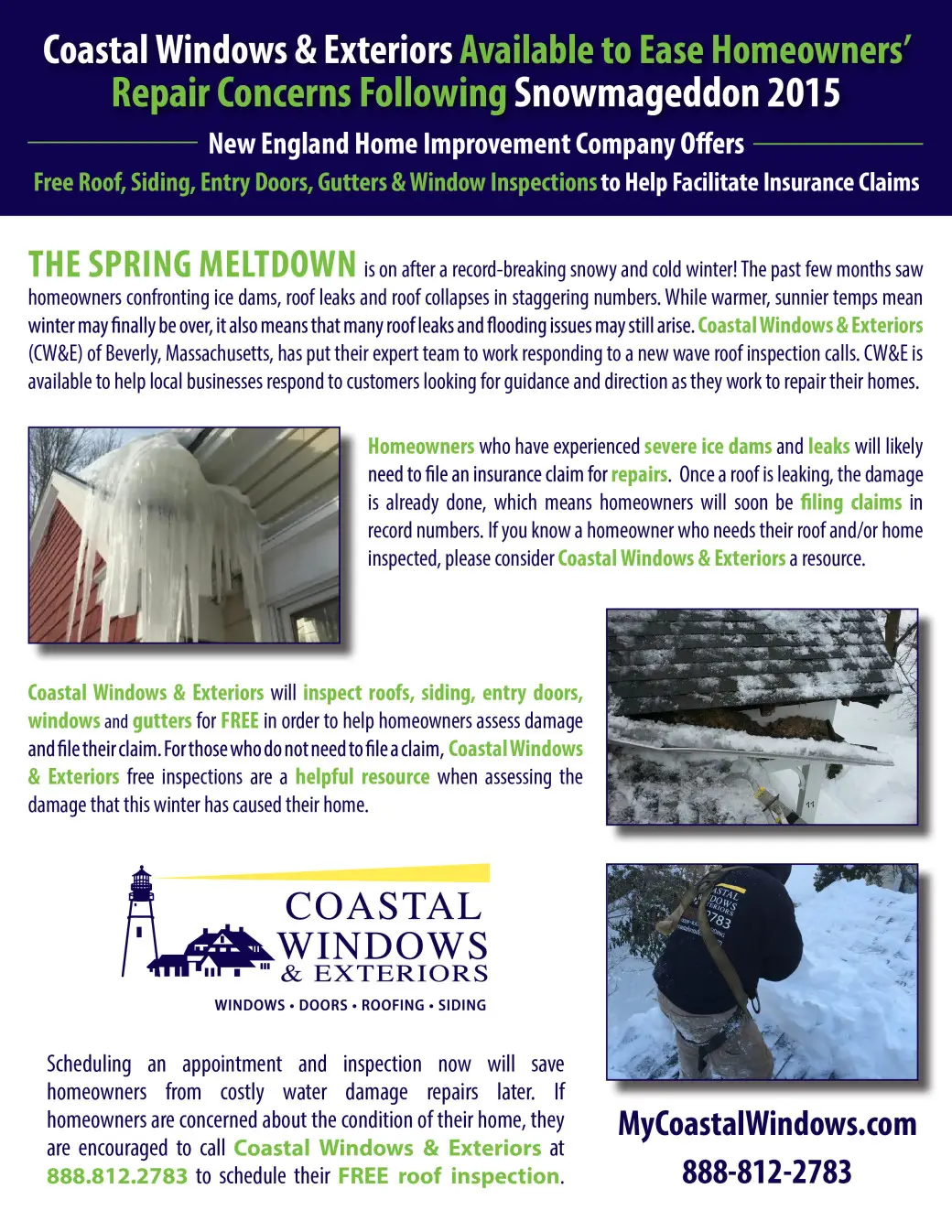 A flyer for Coastal Windows & Exteriors offers free roof, siding, entry door, and gutter inspections. It features helpful tips for homeowners facing spring repairs after winter storms and guidance on insurance claims, with a green, blue, and white color scheme.