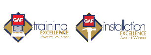 Logos display GAF Training Excellence Award Winner with a book icon and GAF Installation Excellence Award Winner with a hammer icon. Both have a red GAF logo on a gold diamond background.
