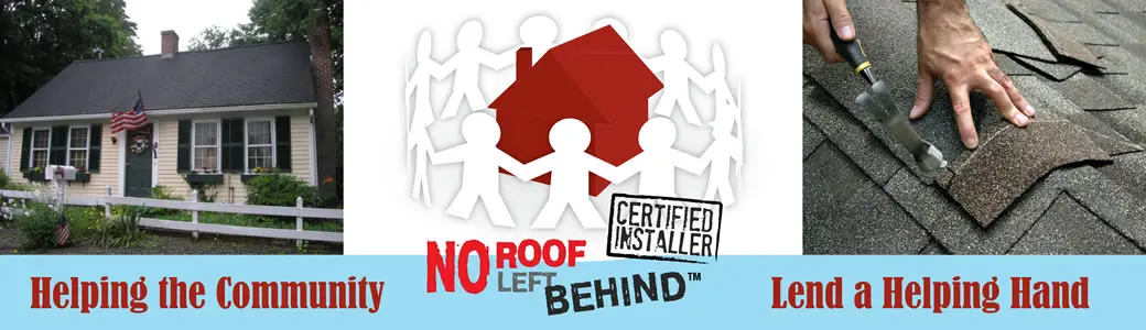 A collage with a house on the left, a logo featuring figures and a red house in the center, and hands installing shingles on the right. Text reads Helping the Community, Lend a Helping Hand, and Free Roof for Essex County Homeowner.