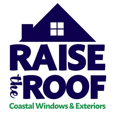 Logo with a dark blue house shape and window above the words Raise The Roof in large blue letters. Below, green text reads Coastal Windows & Exteriors, supporting Habitat for Humanity.