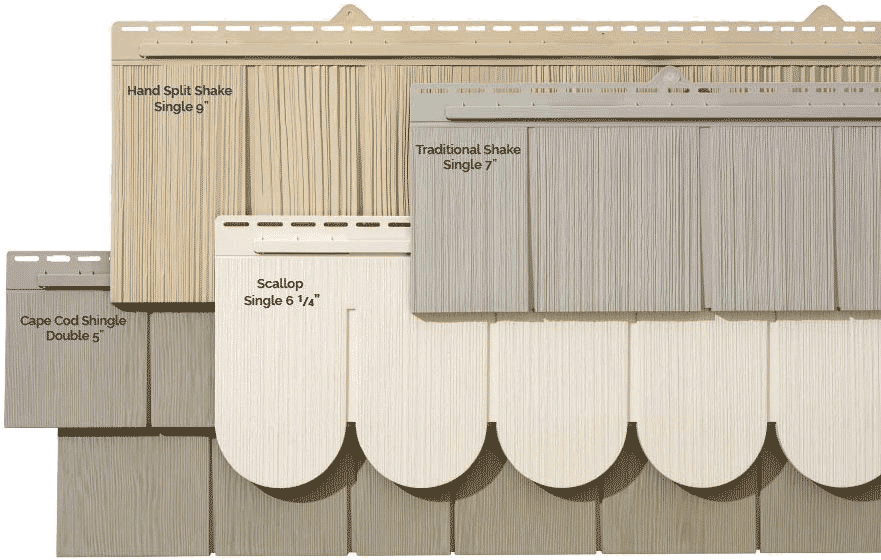 Image showing different types of exterior siding textures: Hand Split Shake Single 9, Traditional Shake Single 7, Cape Cod Shingle Double 5, and Scallop Single 6 1/4. Each has a distinct style and appearance.