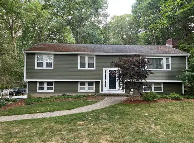 A two-story house with greenish-gray siding, white trim, and a dark front door is surrounded by trees and shrubs. A stone walkway leads to the entrance, passing windows perfect for reviewing your Window Replacement Checklist. The lawn is partially shaded.