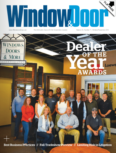 A group of people pose inside a Coastal showroom displaying doors and windows. The Window & Door Magazine cover highlights Dealer of the Year Awards and Best Business Practices.