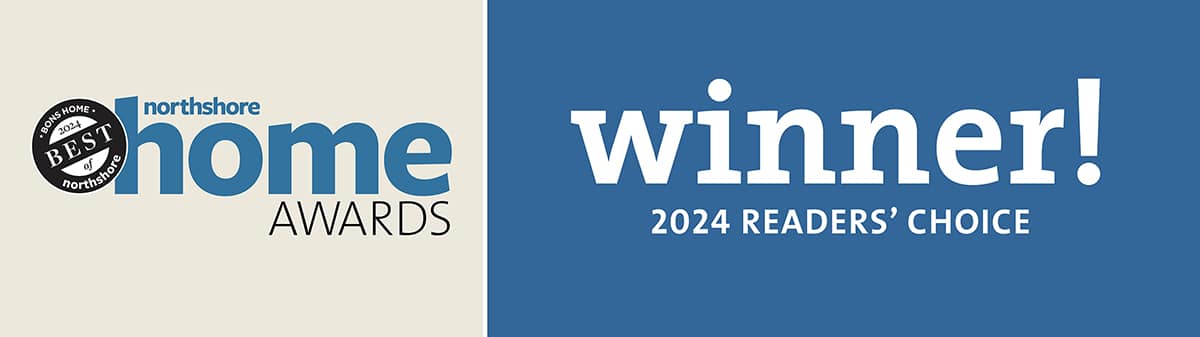 Graphic with northshore home awards on the left and winner! 2024 Readers Choice on the right. The design features a blue and white color scheme.