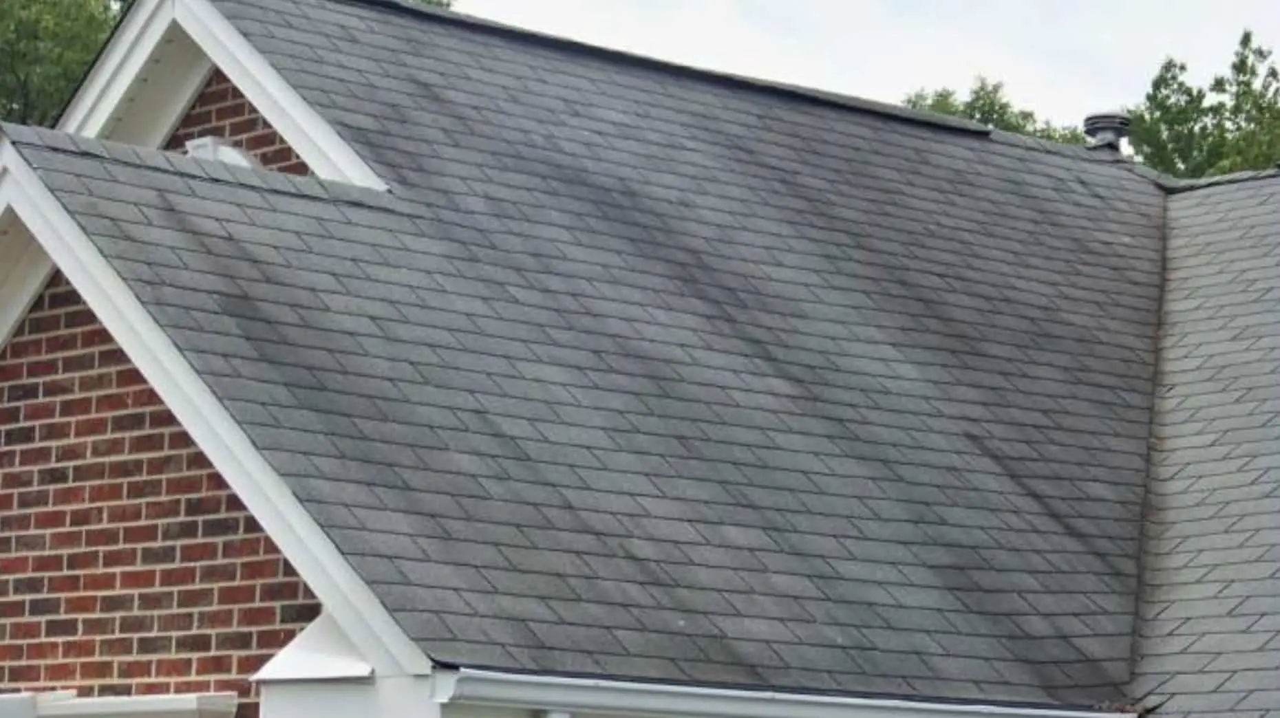 A close-up view of a house roof with dark, weathered shingles and visible streaks of roof algae, next to white trim and red brick siding, with trees in the background.