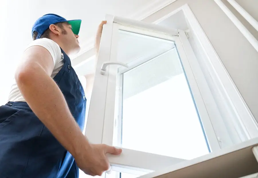 A worker in a blue cap and overalls installs or adjusts a white-framed window, possibly considering wood vs vinyl windows, holding the window open with one hand and securing it with the other.