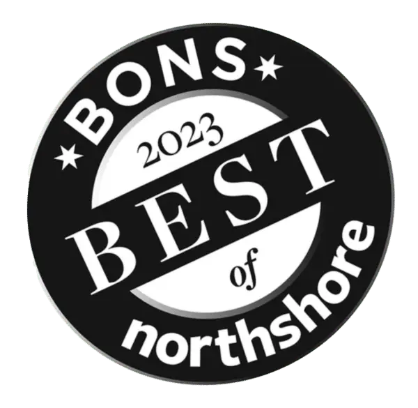 A black and white circular logo with the text BONS 2023 BEST of northshore in bold, stylized lettering, surrounded by stars.