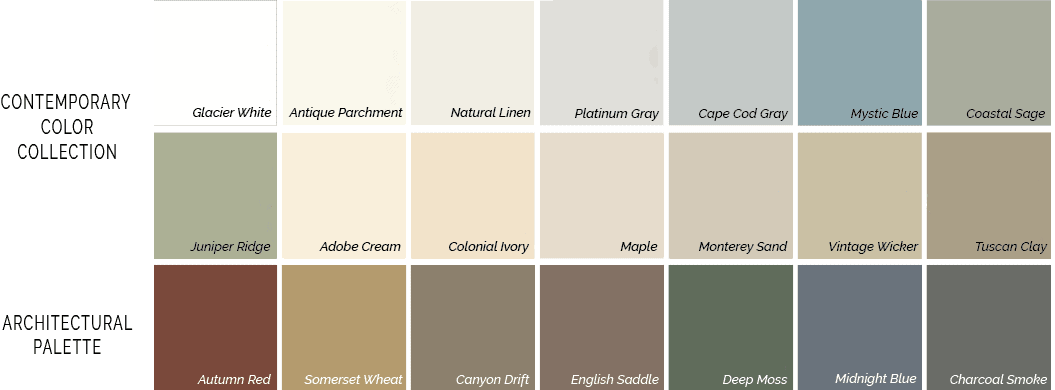 A grid of color swatches from two collections: Contemporary Color Collection includes shades like Glacier White and Mystic Blue. Architectural Palette features hues such as Autumn Red and Deep Moss.