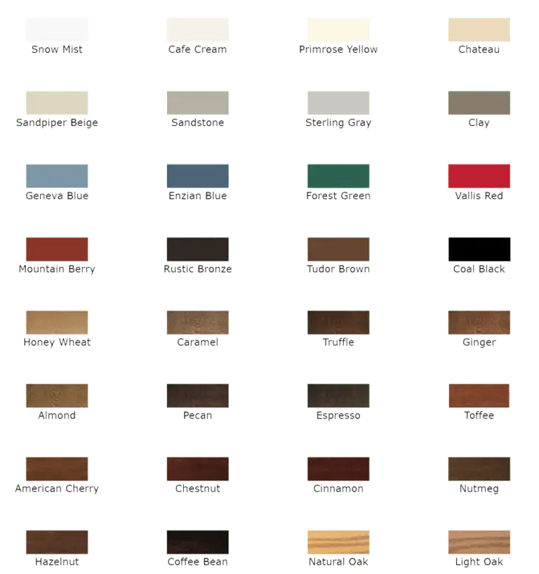 A grid of 36 paint samples showing various colors and their names, including shades of gray, beige, blue, green, red, brown, and more, such as Snow Mist, Forest Green, Espresso, and Natural Oak on a green background.