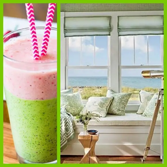 A split image: on the left, a layered green and pink smoothie with two striped straws; on the right, a cozy window seat with green pillows in summer colors overlooks an ocean view, with a telescope and small table nearby.