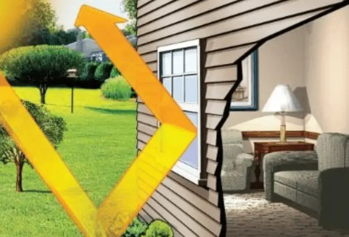A bright yellow arrow passes through the wall of a house, connecting a green lawn outside to a furnished living room inside, symbolizing how exterior remodeling can seamlessly enhance your home and may even help you pay for remodeling costs.