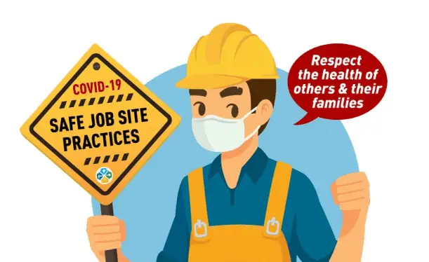 Illustration of a construction worker in a mask and hard hat holding a Coastal Windows COVID-19 Installation Process sign, with a speech bubble saying, Respect the health of others & their families during exteriors work.