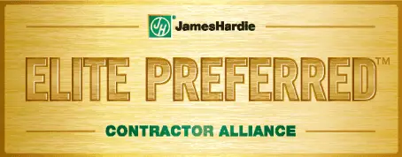 Gold plaque with James Hardie logo at the top. The words Elite Preferred are prominently displayed in large, raised letters. Smaller text below reads Contractor Alliance.
