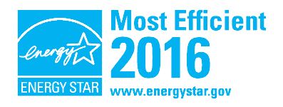 Blue label with the Energy Star logo on the left, featuring a stylized star and the word energy. On the right, text reads Most Efficient 2016 with www.energystar.gov below.