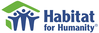 Habitat For Humanity logo with three blue human figures holding hands under a green roof outline, next to the organizations name in blue text, highlights the partnership with Coastal Windows & Exteriors.