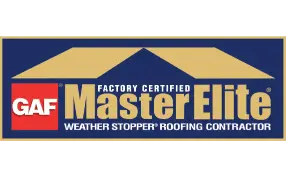 Logo featuring a red square with GAF in white, next to a stylized yellow roof shape. Text reads Factory Certified Master Elite Weather Stopper Roofing Contractor on a blue background.