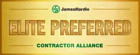 Gold plaque with Elite Preferred in large letters, and Contractor Alliance below. The James Hardie logo is above.