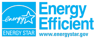 Energy Star logo with the text Energy Efficient in blue. Below is the website www.energystar.gov also in blue. The logo features a white star and arc on a blue background with the word Energy written in script.