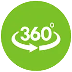 A green circular icon with a white 360° in the center and an arrow circling below it, indicating a full rotation or panoramic view.
