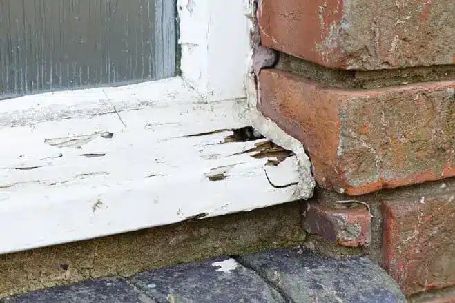 Close-up of a damaged window sill with peeling, chipped white paint and rotting wood next to red brick and a glass window—an issue often noted on any thorough window maintenance checklist.