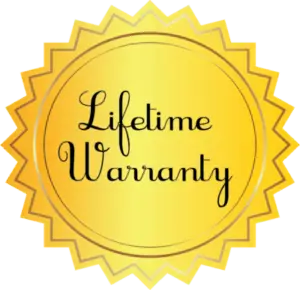 A yellow starburst seal with a scalloped edge contains the words Lifetime Warranty in elegant black script.