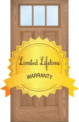 Illustration of a wooden door with a golden badge overlay. The badge reads Limited Lifetime Warranty in elegant font, surrounded by a scalloped border with a ribbon extending below.