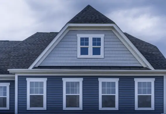 A house with dark blue siding, white trim, and multiple windows—including NFRC Certified Products for energy savings—features a large central gable with two upper windows beneath a cloudy sky.