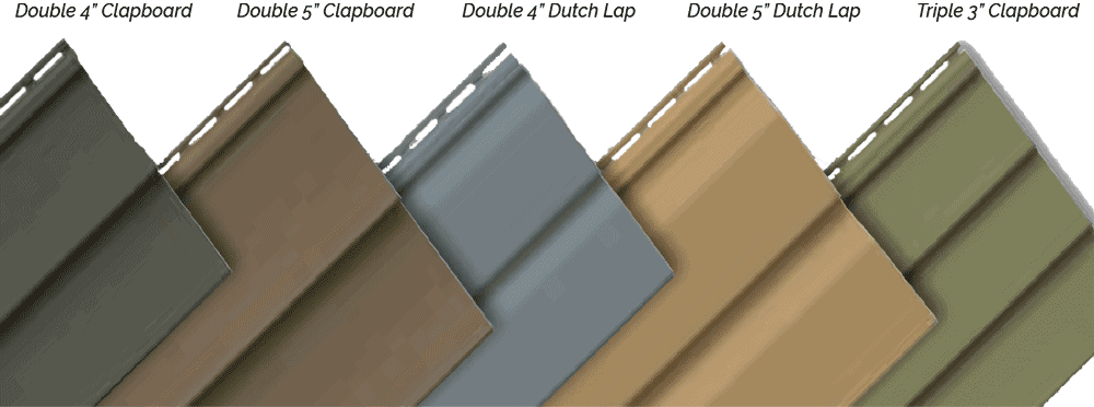Image of five different styles of siding. From left to right: Double 4 Clapboard, Double 5 Clapboard, Double 4 Dutch Lap, Double 5 Dutch Lap, and Triple 3 Clapboard, each in various shades of brown, blue, and green.