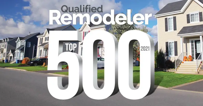 A suburban neighborhood with modern houses under a cloudy sky. Overlaid text reads Qualified Remodeler Top 500 2021 and Top 6 Exterior Remodeling Contractor.