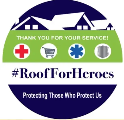 A circular graphic with stylized rooftops, medical, grocery, and shield icons, the text THANK YOU FOR YOUR SERVICE! #RoofForHeroes and Protecting Those Who Protect Us on a green and blue background, highlighting Coastal Windows & Exteriors’ free roof for Habitat For Humanity.
