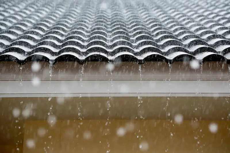 Rain pours down on a wavy, tiled roof, with water cascading off the edges and raindrops visible in the air, creating a wet and rainy atmosphere—knowing how to prevent mold is essential in such damp conditions.