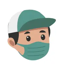 Illustration of a person wearing a green and white baseball cap and a green face mask, showing the importance of a No-Contact approach, with short black hair and wide eyes, on a white background.