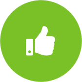 A white thumbs-up icon is centered on a green circular background.